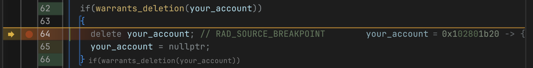The RAD Debugger stopped at a source breakpoint on a line that reads: delete your_account;
