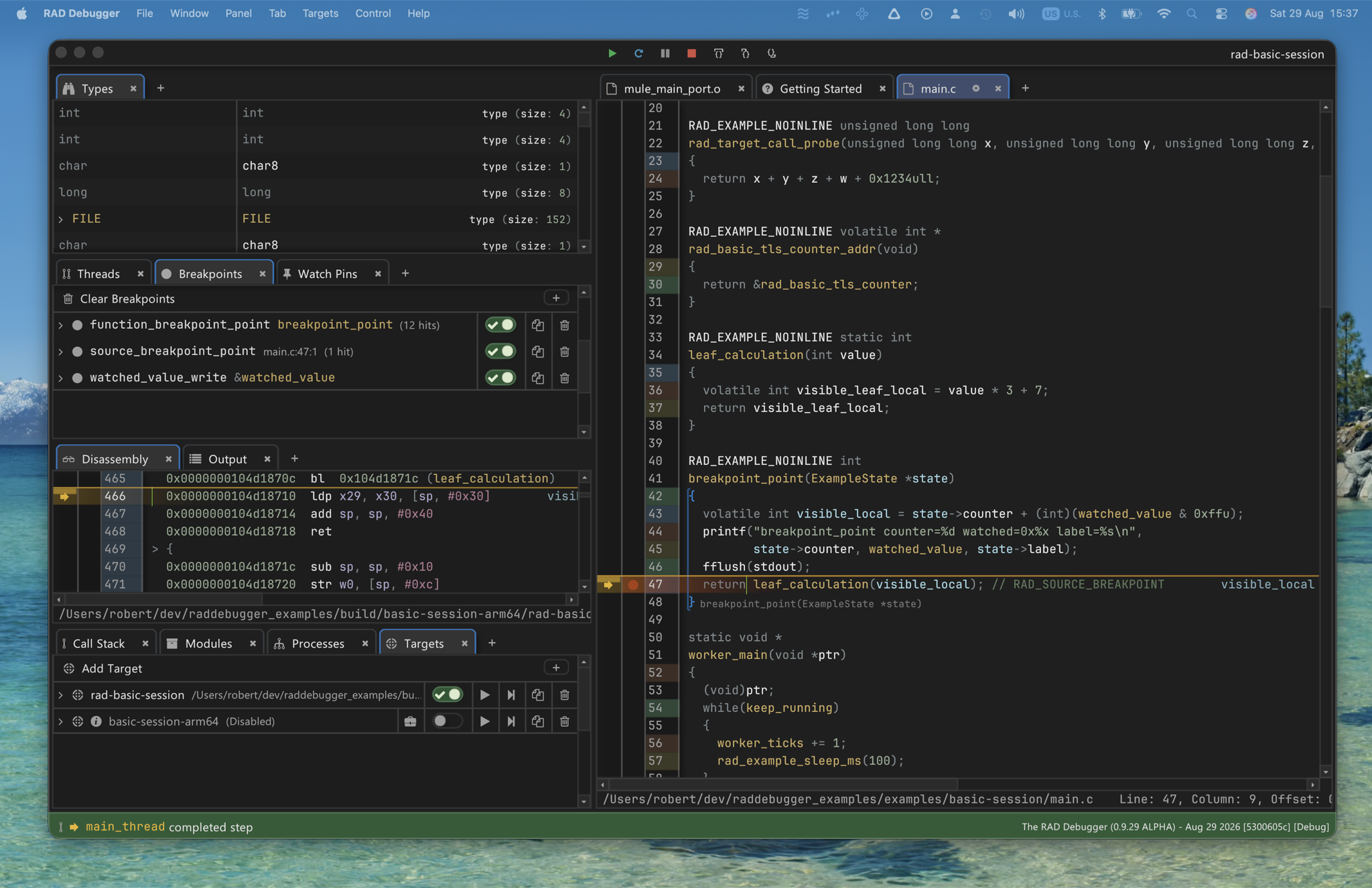 The RAD Debugger on macOS, stopped at a source breakpoint, with source, ARM64 disassembly, breakpoints, and types panels open, under the native macOS menu bar.